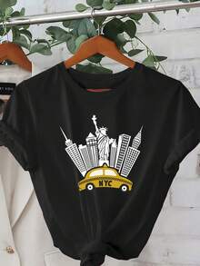 New York Taxi Print T-Shirt, Casual For Women, Vacation, Short Sleeve, Round Neck, Spring/Summer, Machine Washable, New Women's Fashion, Versatile For Going Out, Sporty Style. - 黑色 - 查看 1