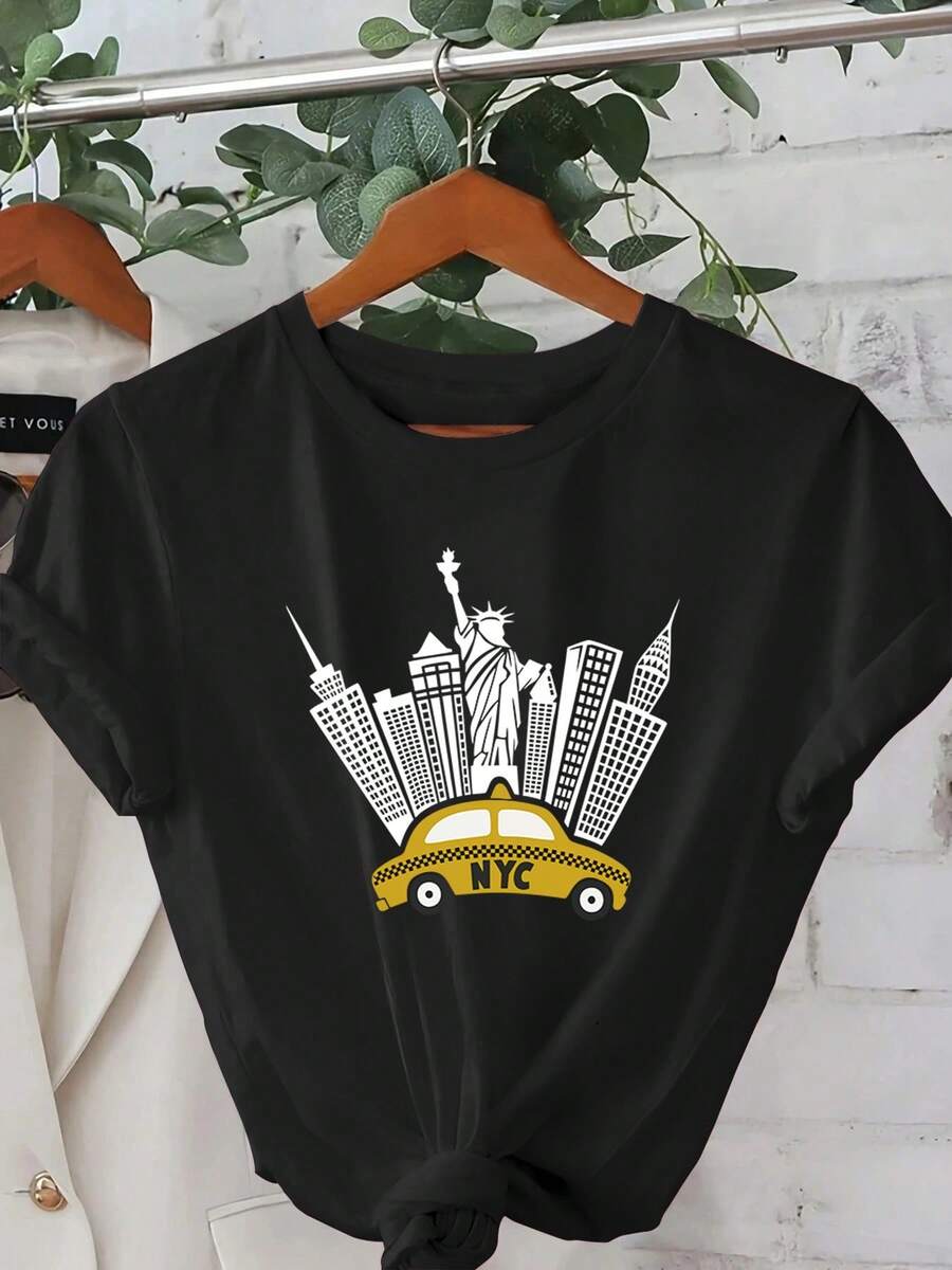 New York Taxi Print T-Shirt, Casual For Women, Vacation, Short Sleeve, Round Neck, Spring/Summer, Machine Washable, New Women's Fashion, Versatile For Going Out, Sporty Style. - 黑色 - 查看 1