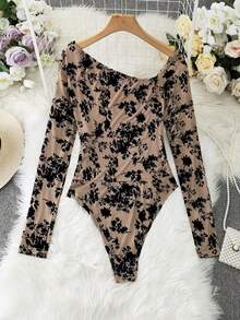 Body de manga larga con hombros transparentes y estampado de leopardo para mujer - Multicolor - Ver 2