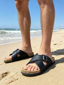 Sandalias para hombres, nuevas sandalias de verano con suela gruesa, zapatillas de playa casuales para exteriores, antideslizantes y cómodas, chanclas de moda de ocio, talla grande unisex en color negro - Negro - Ver 1