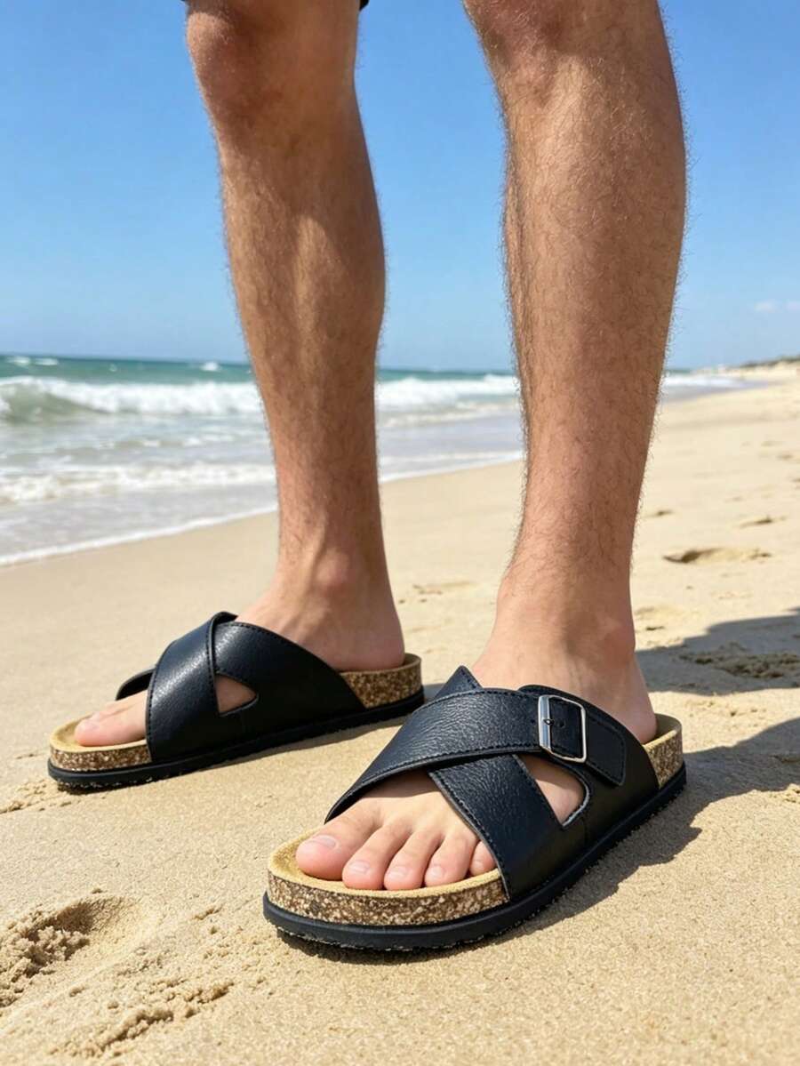 Sandalias para hombres, nuevas sandalias de verano con suela gruesa, zapatillas de playa casuales para exteriores, antideslizantes y cómodas, chanclas de moda de ocio, talla grande unisex en color negro - Negro - Ver 1
