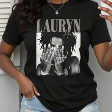 Women's 100% Lauren Hill "Ring On Hand" Retro Letter Print T-Shirt/Women's Casual Loose Crew Neck T-Shirt For Spring And Summer/Minority Graffiti Print T-Shirt - 黑色 - 查看 1