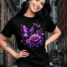 Purple Rose Butterfly Print T-Shirt, Casual Short Sleeve Crew Neck Top For Summer And Spring, Women's Clothing, Birthday Gifts, Holiday Gifts - 黑色 - 查看 1