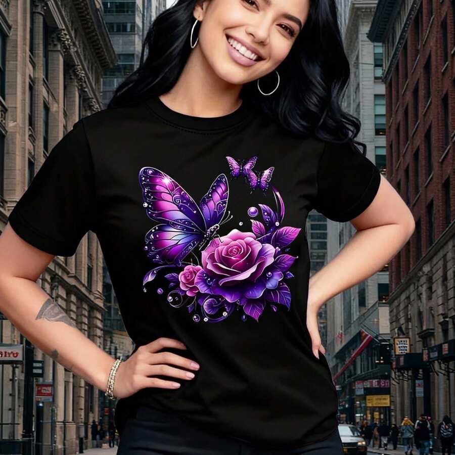 Purple Rose Butterfly Print T-Shirt, Casual Short Sleeve Crew Neck Top For Summer And Spring, Women's Clothing, Birthday Gifts, Holiday Gifts - 黑色 - 查看 1