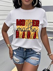 Camiseta de manga corta con cuello redondo para mujer, diseño exclusivo para el Día de la Madre, con un cómodo estampado de cuadros rojos. Es un regalo elegante y fácil de combinar para expresar el cariño a la madre, perfecto para un uso diario casual y cómodo. NJA5 - Blanco - Ver 1