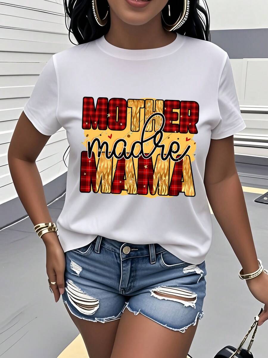 Camiseta de manga corta con cuello redondo para mujer, diseño exclusivo para el Día de la Madre, con un cómodo estampado de cuadros rojos. Es un regalo elegante y fácil de combinar para expresar el cariño a la madre, perfecto para un uso diario casual y cómodo. NJA5 - Blanco - Ver 1