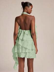 Vestido mini con cuello de halter, estampado de teñido anudado con flores rojas y volantes en el bajo, adecuado para fiestas, vacaciones, banquetes, bodas, salidas nocturnas, citas románticas, primavera/verano - verde menta - Ver 2