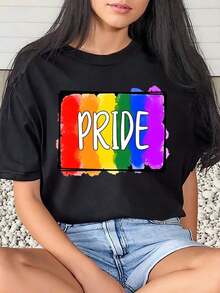 1 Piece Women's T-Shirt With Rainbow Pride Month Print, Everyday Wear, Round Neck, Short Sleeve, Soft And Comfortable, 220 G/M², 180 G, 100% Cotton - 黑色 - 查看 1