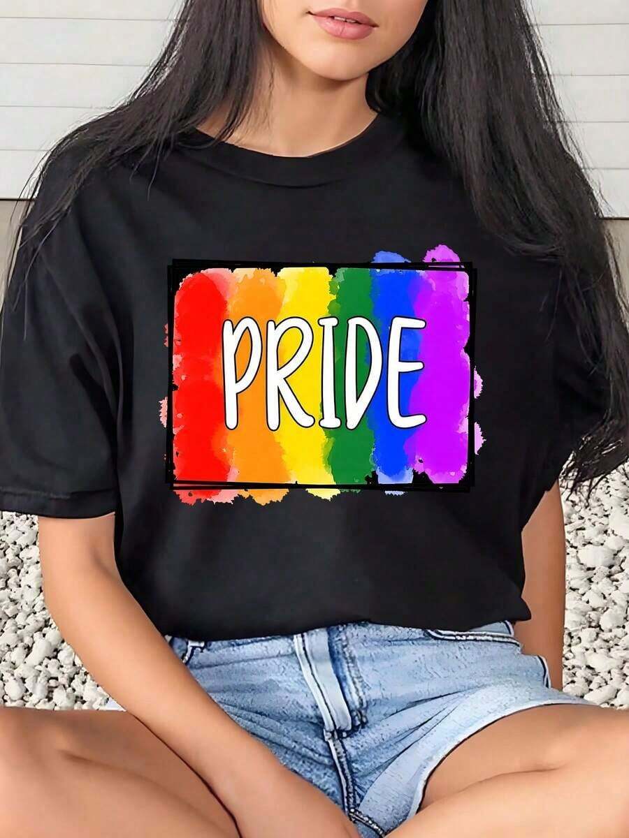 1 Piece Women's T-Shirt With Rainbow Pride Month Print, Everyday Wear, Round Neck, Short Sleeve, Soft And Comfortable, 220 G/M², 180 G, 100% Cotton - 黑色 - 查看 1
