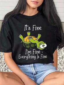 1 Piece Women's T-Shirt With 'Turtle Its Fine Im Fine Everything Is Fine' Print, Casual, Round Neck, Short Sleeve, Comfortable, 220g Cotton, 180g 100% Cotton - 黑色 - 查看 1