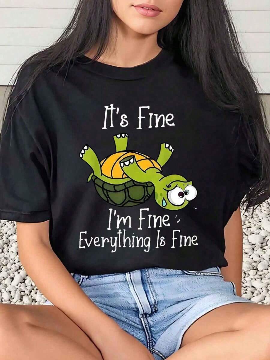 1 Piece Women's T-Shirt With 'Turtle Its Fine Im Fine Everything Is Fine' Print, Casual, Round Neck, Short Sleeve, Comfortable, 220g Cotton, 180g 100% Cotton - 黑色 - 查看 1