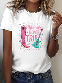 Women's Short-Sleeved T-Shirt With Round Neck, Featuring Nashville Girls Trip 2025 Print, Perfect For Spring And Summer. - 白色 - 查看 1