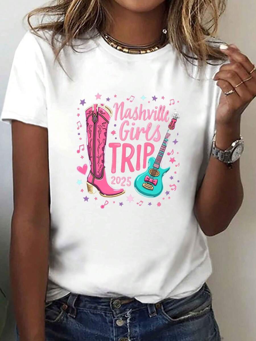 Women's Short-Sleeved T-Shirt With Round Neck, Featuring Nashville Girls Trip 2025 Print, Perfect For Spring And Summer. - 白色 - 查看 1