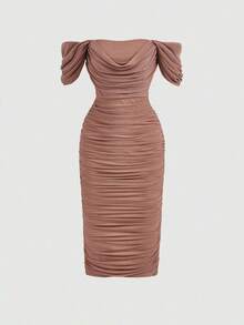 Vestido ajustado de hombros descubiertos fruncido lateral - Rosa vieja - Ver 2