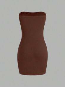 Vestido de tubo de color liso con abertura alta para ropa de Año Nuevo, minivestido corto para mujer - Cafetería - Ver 2