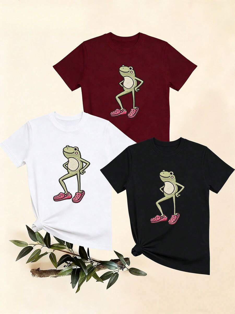 Women's T-Shirts, Women's T-Shirts, Casual One-Piece T-Shirt With A Fun Print Of A Frog Wearing Clogs, Round Neck, Short Sleeve, Comfortable For Everyday Wear. - 1件黑色隨機圖案 - 查看 1