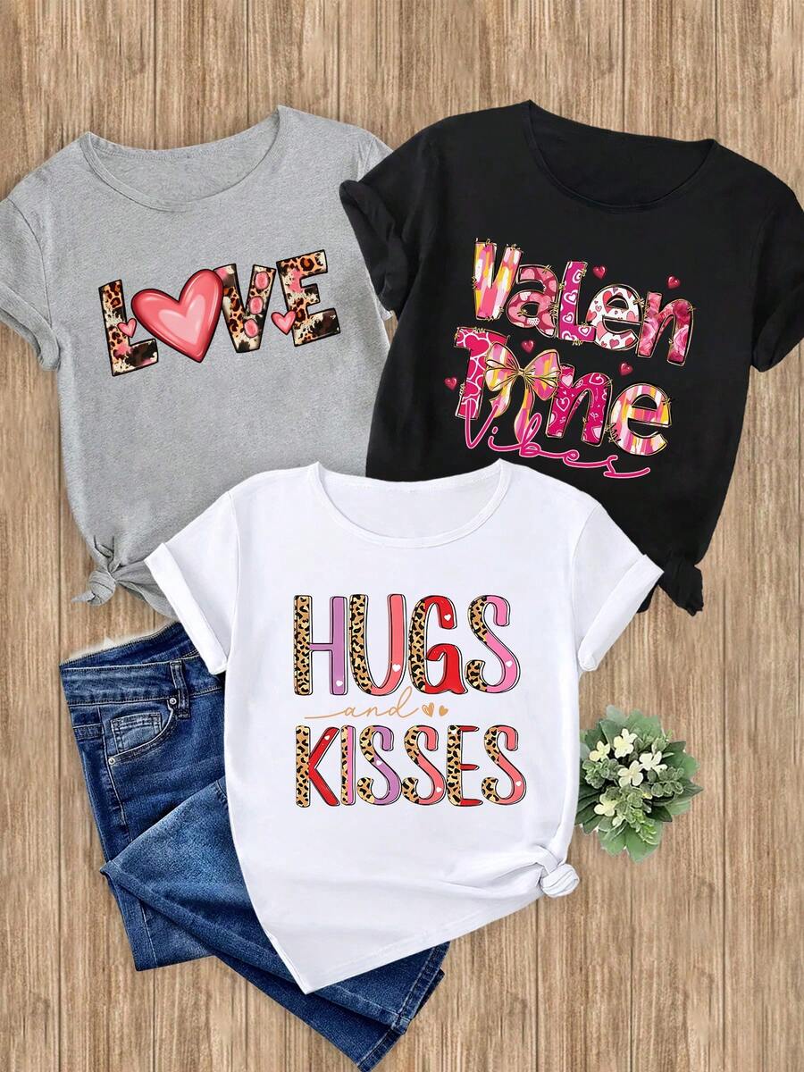 Women's T-Shirts, 1-Piece Set With LOVE Heart Leopard Print, Valentine's Bow Heart Print, HUGSandKISSES Leopard Print With Lettering, 1 Piece, Elegant, Casual, Sporty, Gift, Soft, Machine Washable, Round Neck, Short Sleeve. - 1件白色隨機圖案 - 查看 1