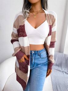 Women's Striped Cardigan Sweater Fall Winter Color Block Long Sleeve Puff Sleeve Open Front Knit Jacket With Pockets - 酒紅色 - 查看 2