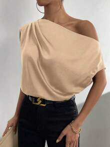 Blusa de satén con cuello asimétrico y hombro descubierto - Champán - Ver 4