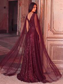 Elegant Deep V-Neck Sequin Formal Party Dress With Cape Sleeves - Burgundy - View 3