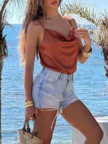 Camiseta sin mangas casual de unicolor y cuello en V elegante para mujer, verano - Marrón - Ver 3