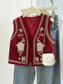 Chaqueta sin mangas con bordado floral para mujer - Burdeos - Ver 7