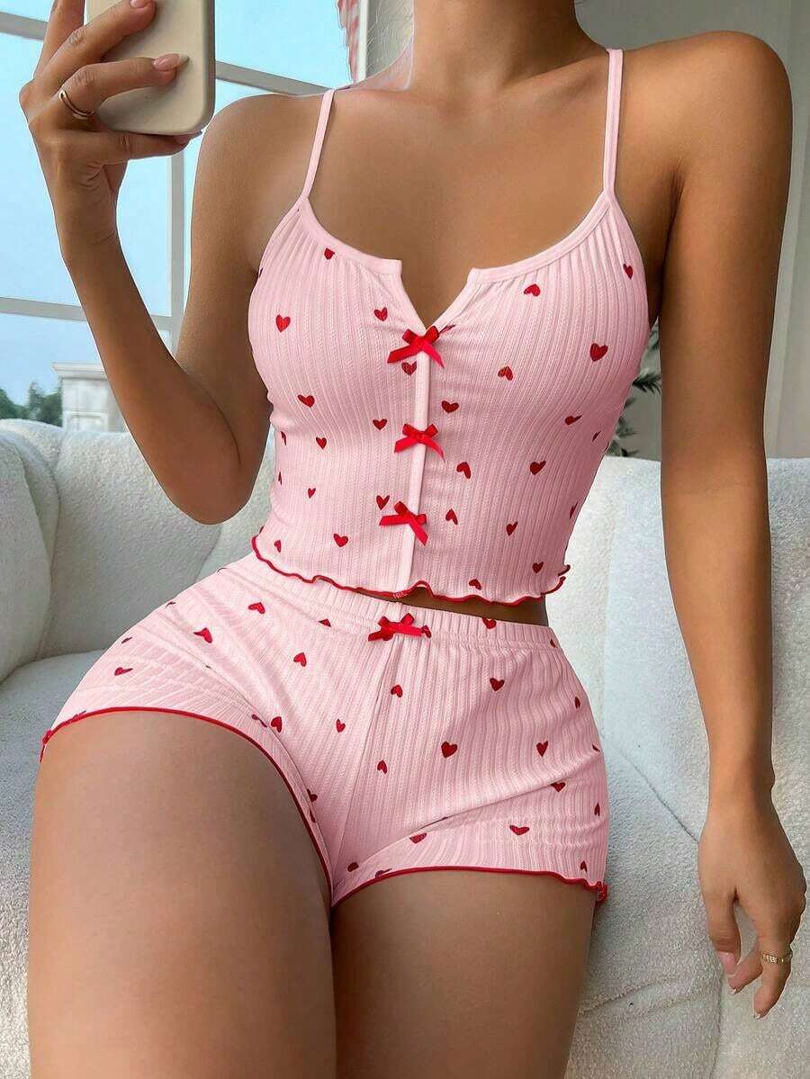 pijama / Pijama con estampado de corazón, ribete contrastante y lazo delantero - Rosa 2 - Ver 1