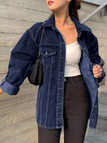 Jeans casuales de mujer con ajuste holgado, lavado desgastado y bajo con abertura, ropa de otoño, chaqueta de jeans de manga larga para mujer - azul real - Ver 2