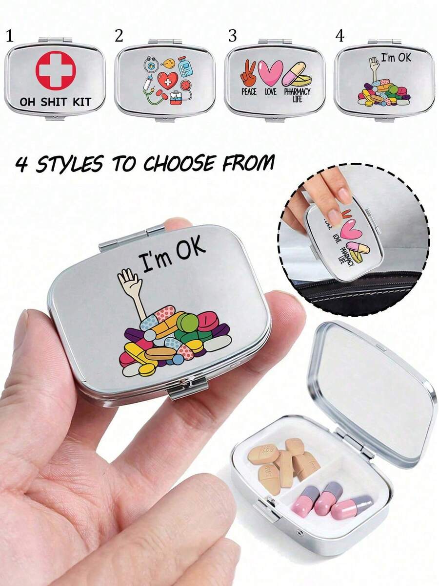 Square Pill Box With Capsule, Tablet, Letter, Bottle Patterns, Portable Medication Storage Compartment, Mini Metal Storage Box, Compact Jewelry And Pill Case, Travel Pill Box, Large Capacity Compartment, Weekly Medication Organizer, Suitable For Daily Medicines And Vitamins, Essential For Doctors And Nurses, Emergency Needs, Travel, Hiking First Aid, Creative Gift With Cartoon Logo - Multicolor - View 1