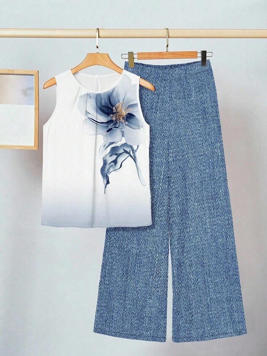 2 piezas Conjunto de mujer con estampado floral verde, adecuado para el verano - Multicolor 4 - Ver 1