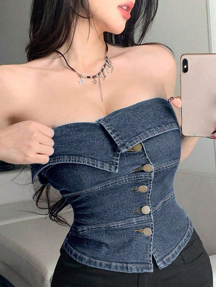 Top corto ajustado y sexy con cuello asimétrico y diseño de bandeau para mujeres - Niebla azul - Ver 1