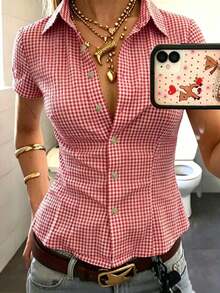 Camisa de mujer de manga corta a cuadros, de solapa única, casual y versátil para uso diario - Rojo - Ver 7