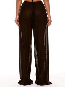 Pantalones anchos con cordón frontal de tiro bajo, prenda de vestir para cubrir en verano, primavera, vacaciones, vacaciones, club sexy, Ibiza, ropa de playa, nanotecnología, techno, otoño, color sólido - Marrón Chocolate - Ver 4