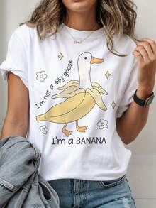 Women's Loose Fit White T-Shirt With Funny Print "I'm Not A Fool, I'm A Banana", Short Sleeve And Round Neck, Casual For Spring And Summer - 白色 - 查看 1