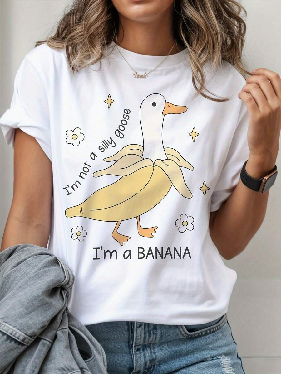 Women's Loose Fit White T-Shirt With Funny Print "I'm Not A Fool, I'm A Banana", Short Sleeve And Round Neck, Casual For Spring And Summer - 白色 - 查看 1