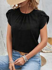 Blusa con manga de pétalos y parte trasera con cerradura y un solo color - Negro - Ver 8