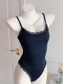 Body de encaje con parches, versátil para uso diario casual de mujer - Azul marino - Ver 7