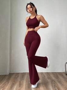 Pantalones de punto azul marino con campana para mujer - Burdeos - Ver 4