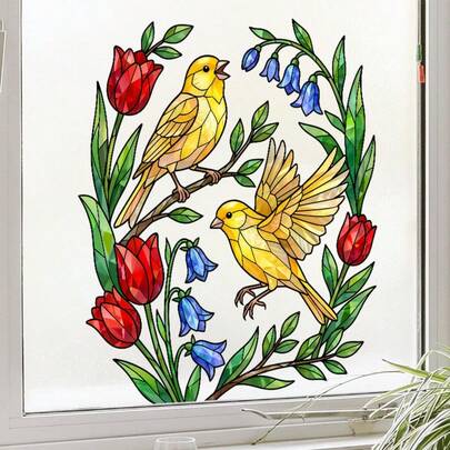 1pc 2D Flat Beautiful Glass Window Sticker,Colorful Flowers And Birds Wall Stickers For Hmoe, PVC Static Cling No-Glue Decal, Bedroom Living Room Study Decorative Sticker, 30*36cm,Suitable As A Gift,Glass Decoration And Embellishment
