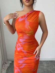 Vestido de noche de lujo para mujer, vestido sexy sin mangas con cuello asimétrico y estampado de teñido anudado - Naranja - Ver 5