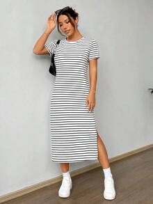 Vestido casual de verano de manga corta tejido a rayas en blanco y negro con estampado - Blanco y Negro - Ver 3