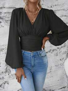 Blusa de Moda para Mujer, Color Sólido, Cuello en V Superpuesto, Manga Linterna, Plisada - Negro - Ver 4