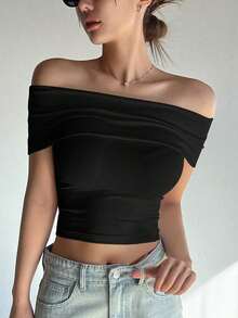 Blusa/Camiseta ajustada de hombros descubiertos con estampado de lunares para mujer - Negro - Ver 6