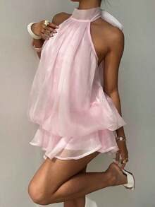Vestido mini elegante de mujer con estampado de lunares y escote halter sin espalda - Rosa Pálido - Ver 9