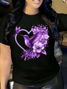 Graphic Print T-Shirt, Short Sleeve Crew Neck Casual Summer And Spring Women's Clothing1 Glitter Heart Sweet Sexy Casual Party Elegant Rhinestone None Holiday Wedding Beach Office Sporty Home Country Music Concert Lunch Travel Bachelorette Summer - 黑色 - Black12 - 查看 1