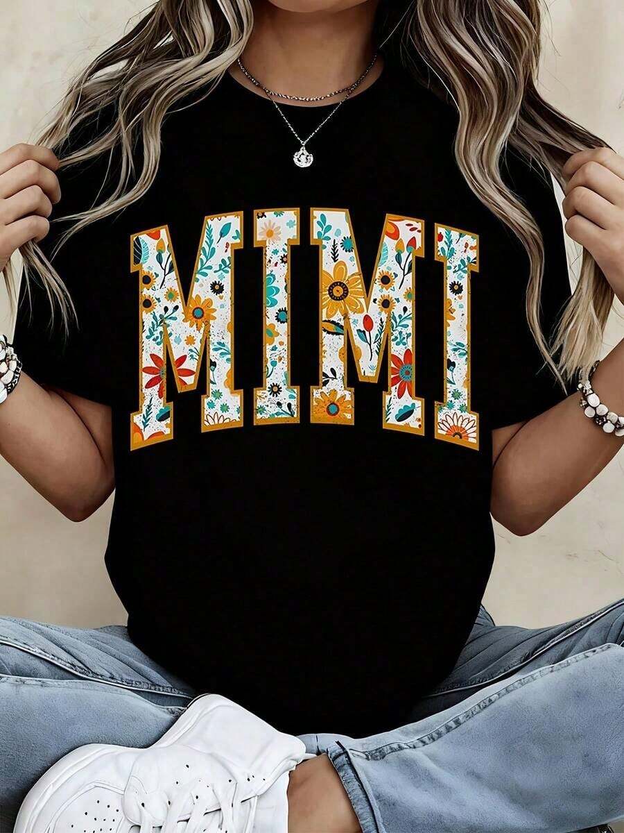 1 Piece Of Women's Round Neck T-Shirt With Floral Print Of The Letter Mimi, Short Sleeve, Casual Summer Style For Daily Wear, 180g, 100% Cotton. - 黑色 - 查看 1