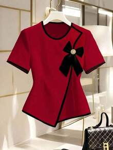 Blusa de mujer elegante de manga corta con estampado, top casual y versátil - Rojo - Ver 4
