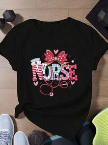 100% Cotton Women's Plus Size Nurse T-Shirt - Casual Sporty Style, Short Sleeve, Crew Neck, Polyester - Black, With Stethoscope And Heart Design, Machine Washable, Nurse T-Shirt, Sporty, Heart Design, Attractive And Fun Pattern, Loose And Attractive T-Shirt Made Of Soft And Silky Fabric, Women's T-Shirt - 黑色 - 查看 6
