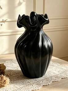 1Pc Wave Rim Vertical Ribbed Resin Vase - Light Luxury Ruffled Edge Flower Vase For Home & Desk Decor | Home Decor, Room Decor, Boho Decor, Desk Decor, Vintage Decor, Unique Gift, Table Centerpiece, Housewarming Gift - New Model - View 15