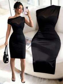 Vestido midi ajustado de mujer de elegante color negro sin mangas con cuello asimétrico, diseño de parches de malla, tela de punto, adecuado para ocasiones formales de verano - Negro - Ver 7